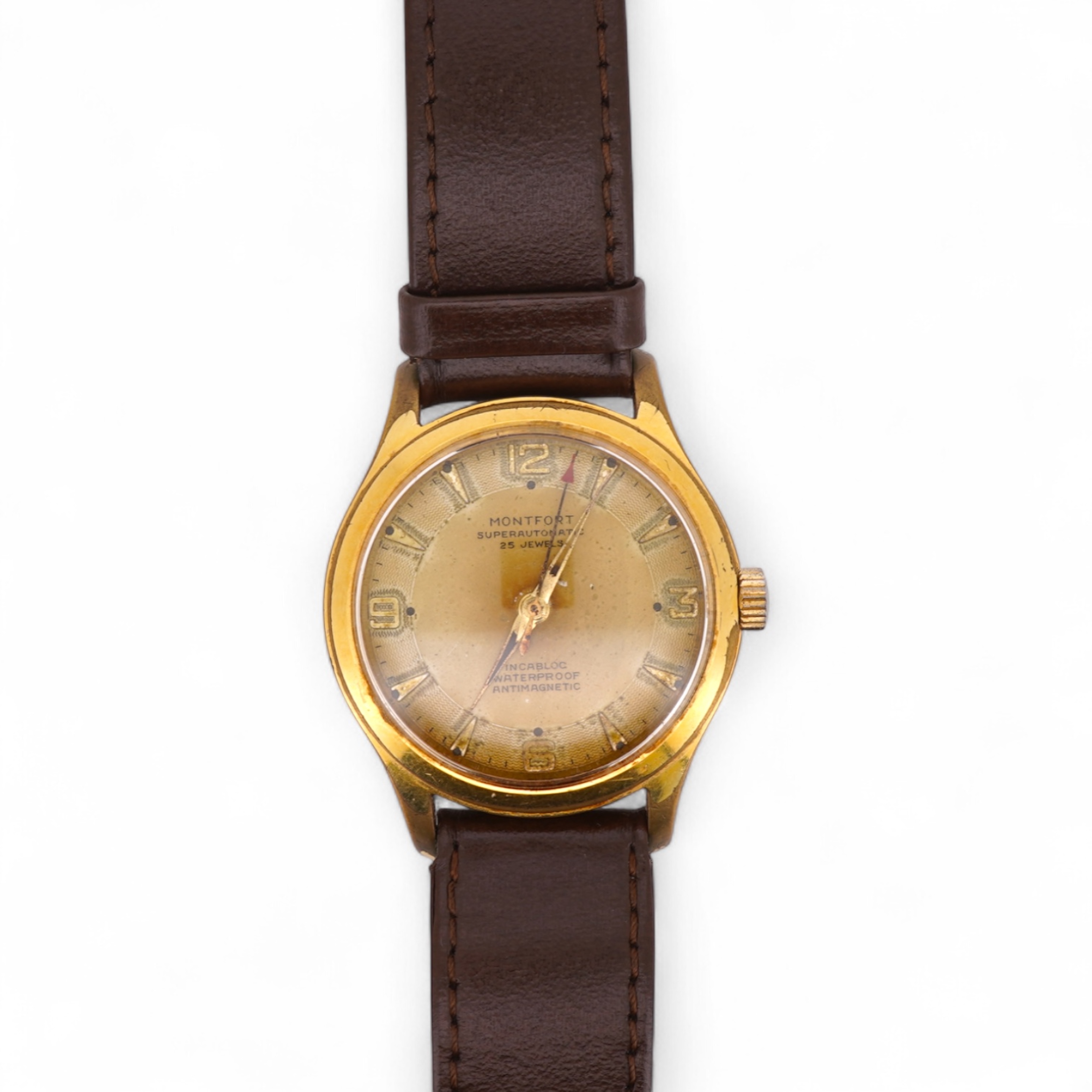 A gentleman's steel and gold plated Montfort Superautomatic wrist watch, with Roman and quarterly Arabic numerals, case diameter 34mm, on a later associated leather strap.